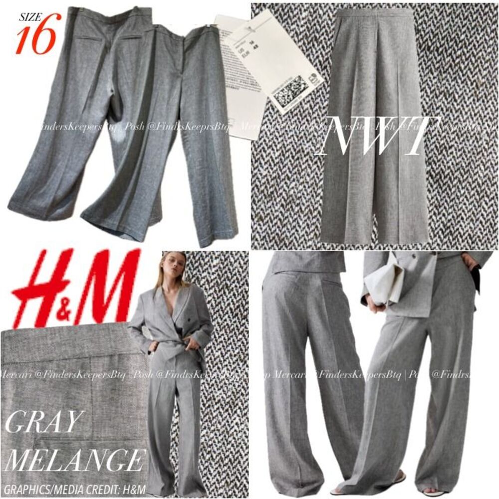 NWT H&M Gray Melange Drapey Creased High Waisted Wide Leg Trouser Dress Pants 16